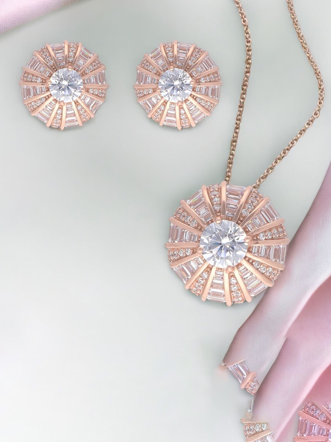 

Luxevogue Rose Gold-Plated Cubic Zirconia Stone-Studded Pendant Set