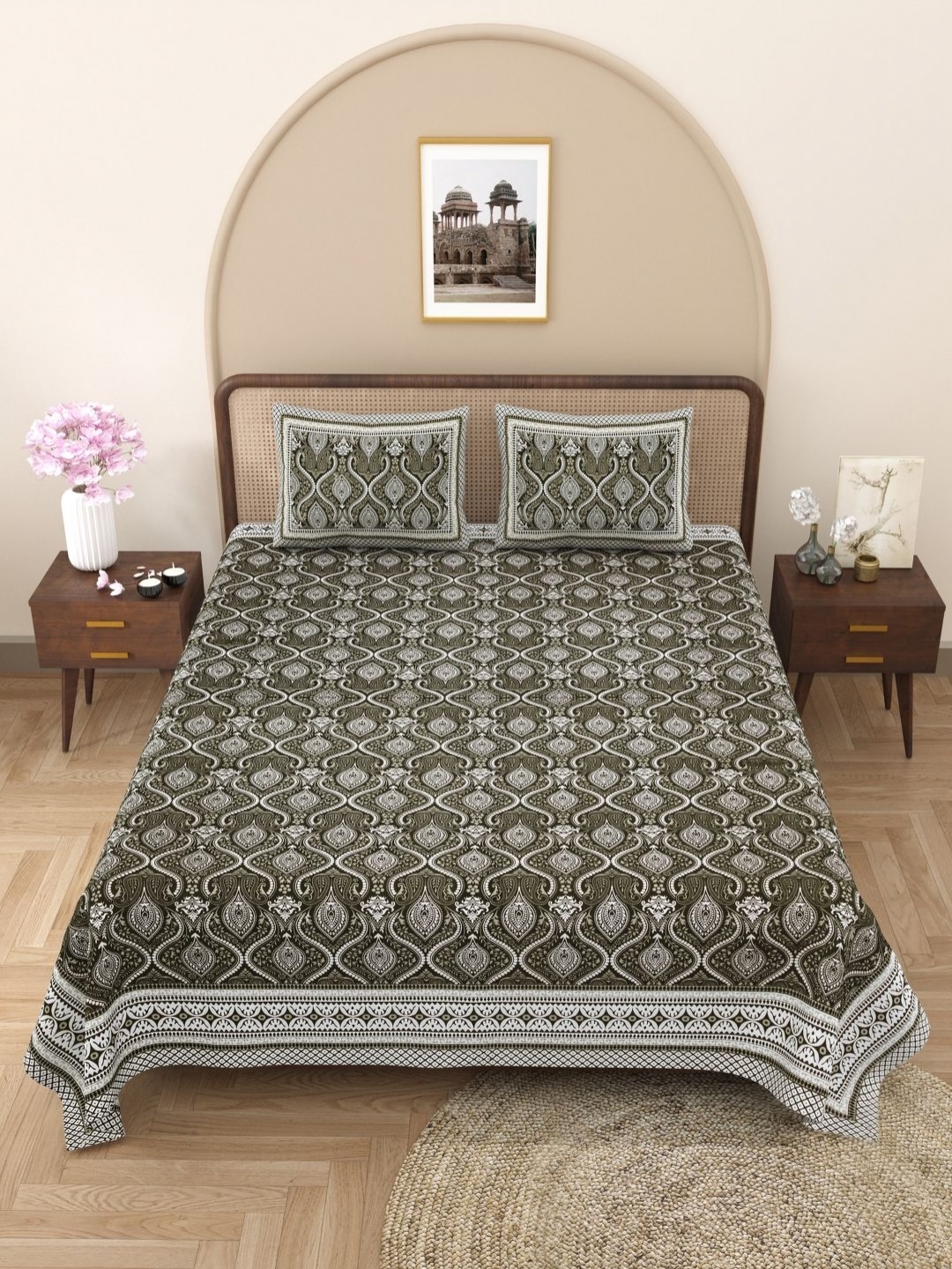 

PATRICKO Olive Green Floral 330 TC King Bedsheet with 2 Pillow Covers