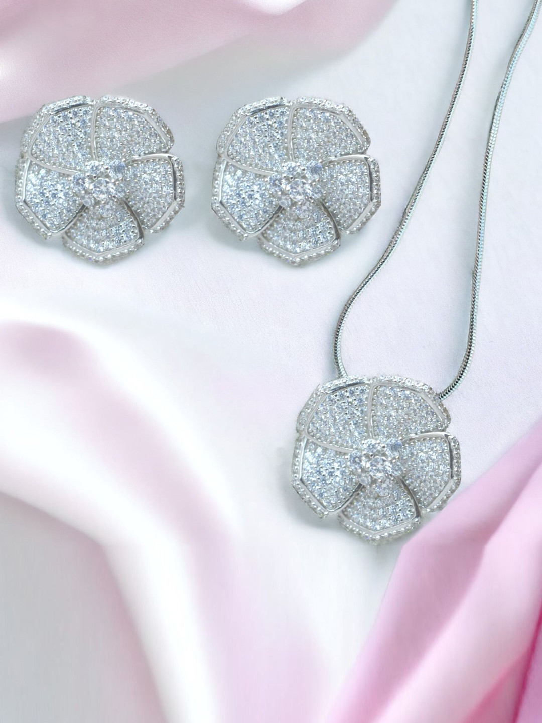 

Luxevogue Rhodium-Plated Cubic Zirconia Stone-Studded Pendant Set, Silver