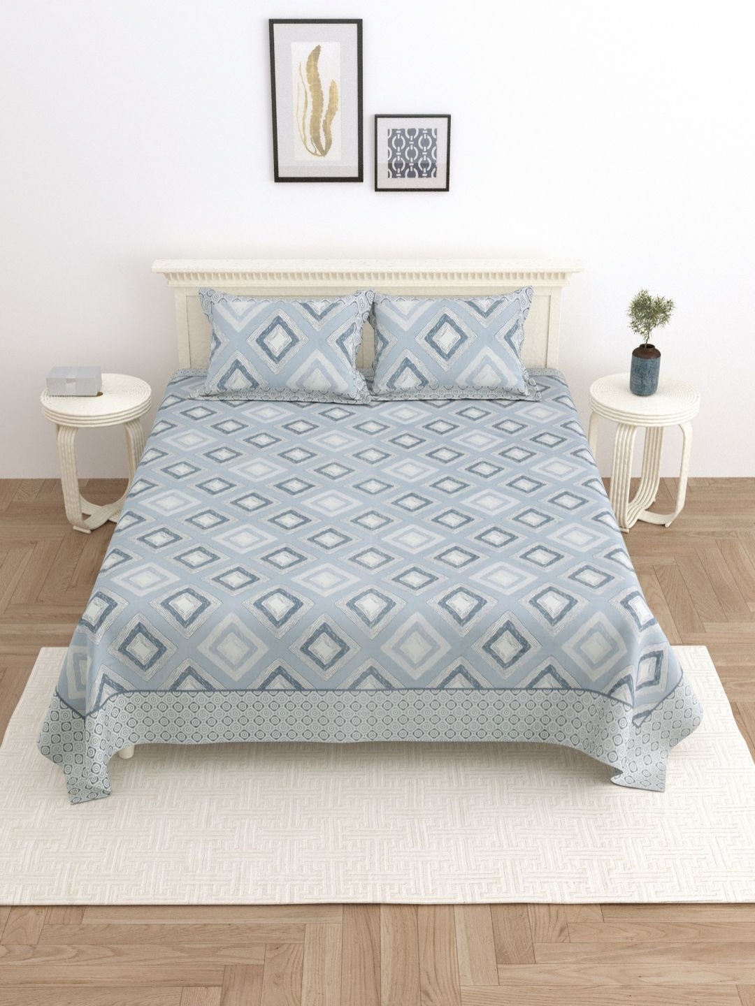 

PATRICKO Grey & Blue Geometric 330 TC King Bedsheet with 2 Pillow Covers