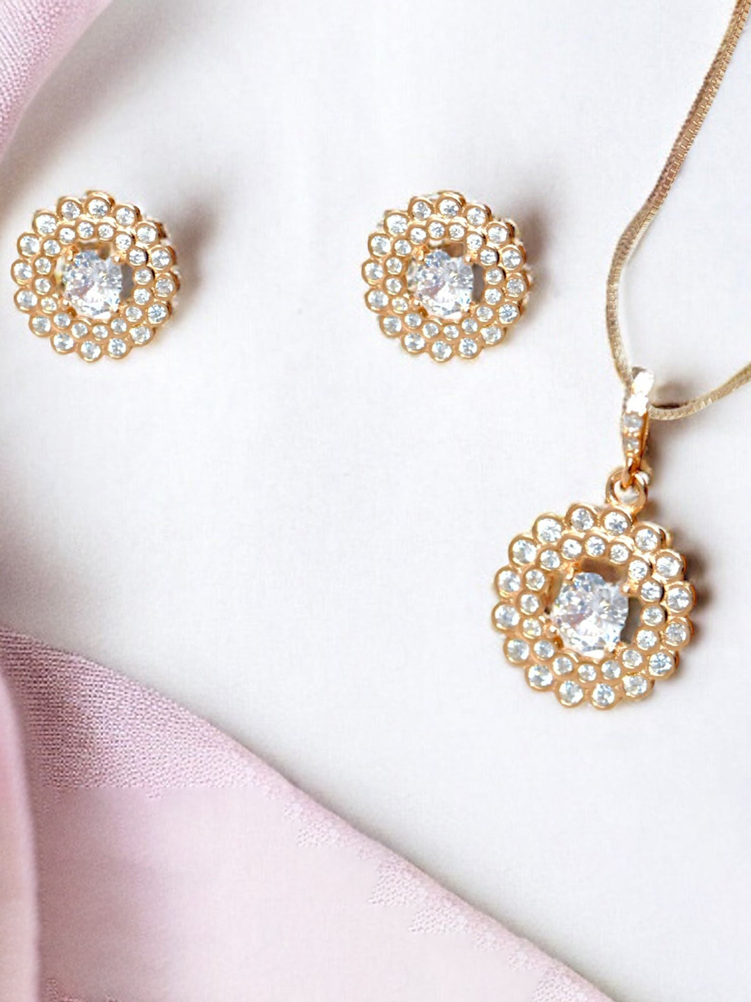 

Luxevogue Rose Gold-Plated Cubic Zirconia Stone-Studded Pendant Set