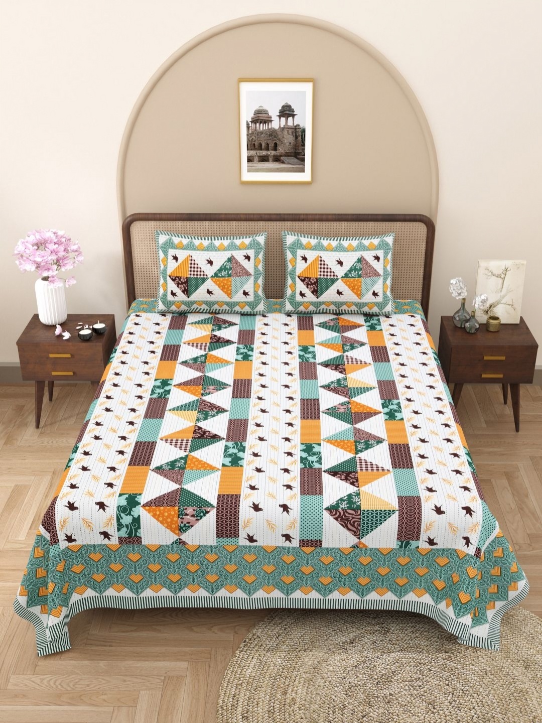 

PATRICKO Green & Orange Floral 330 TC King Bedsheet with 2 Pillow Covers