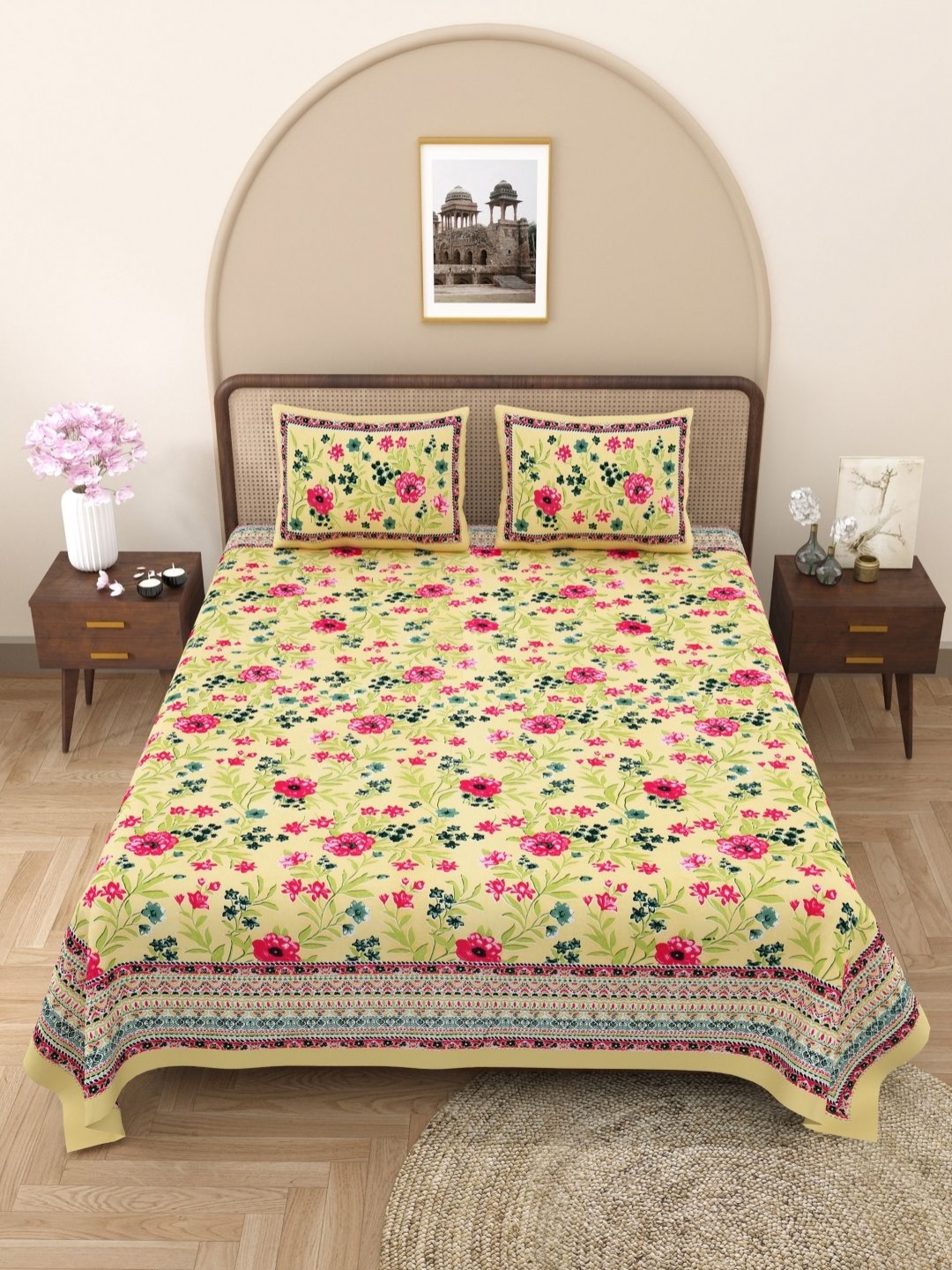 

PATRICKO Yellow & Pink Floral 330 TC King Bedsheet with 2 Pillow Covers