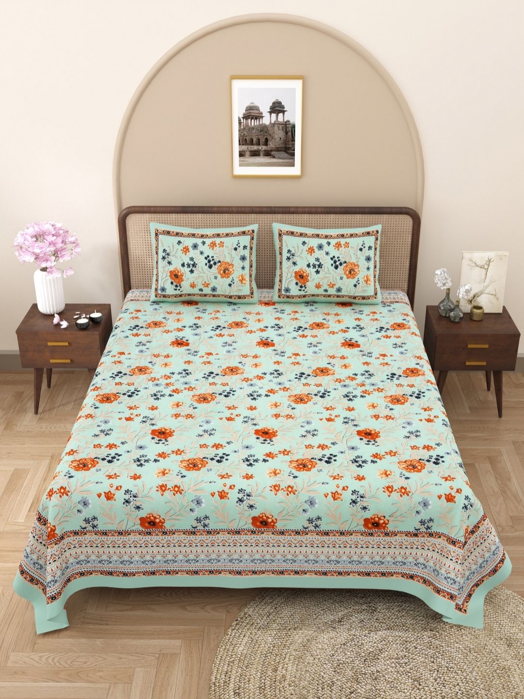 

PATRICKO Olive Green & Orange Floral 330 TC King Bedsheet with 2 Pillow Covers