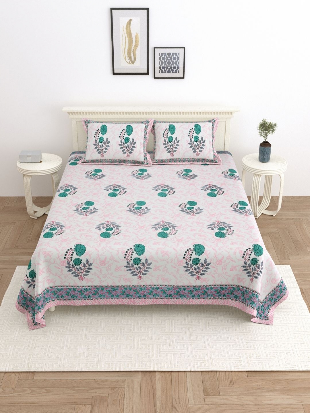 

PATRICKO Pink & Green Floral 330 TC King Bedsheet with 2 Pillow Covers