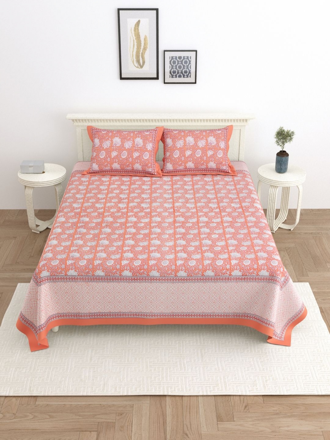 

PATRICKO Orange & White Floral 330 TC King Bedsheet with 2 Pillow Covers