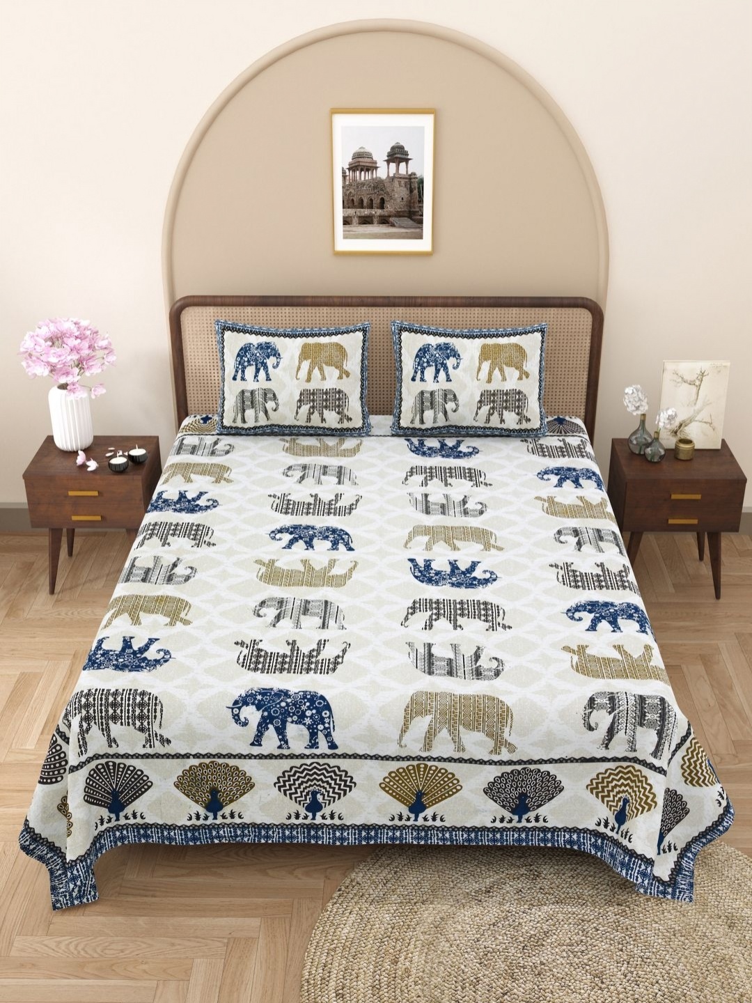 

PATRICKO Blue & Brown Ethnic Motifs 330 TC King Bedsheet with 2 Pillow Covers