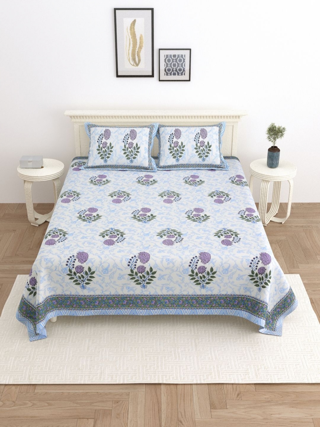 

PATRICKO Blue & White Floral 330 TC King Bedsheet with 2 Pillow Covers