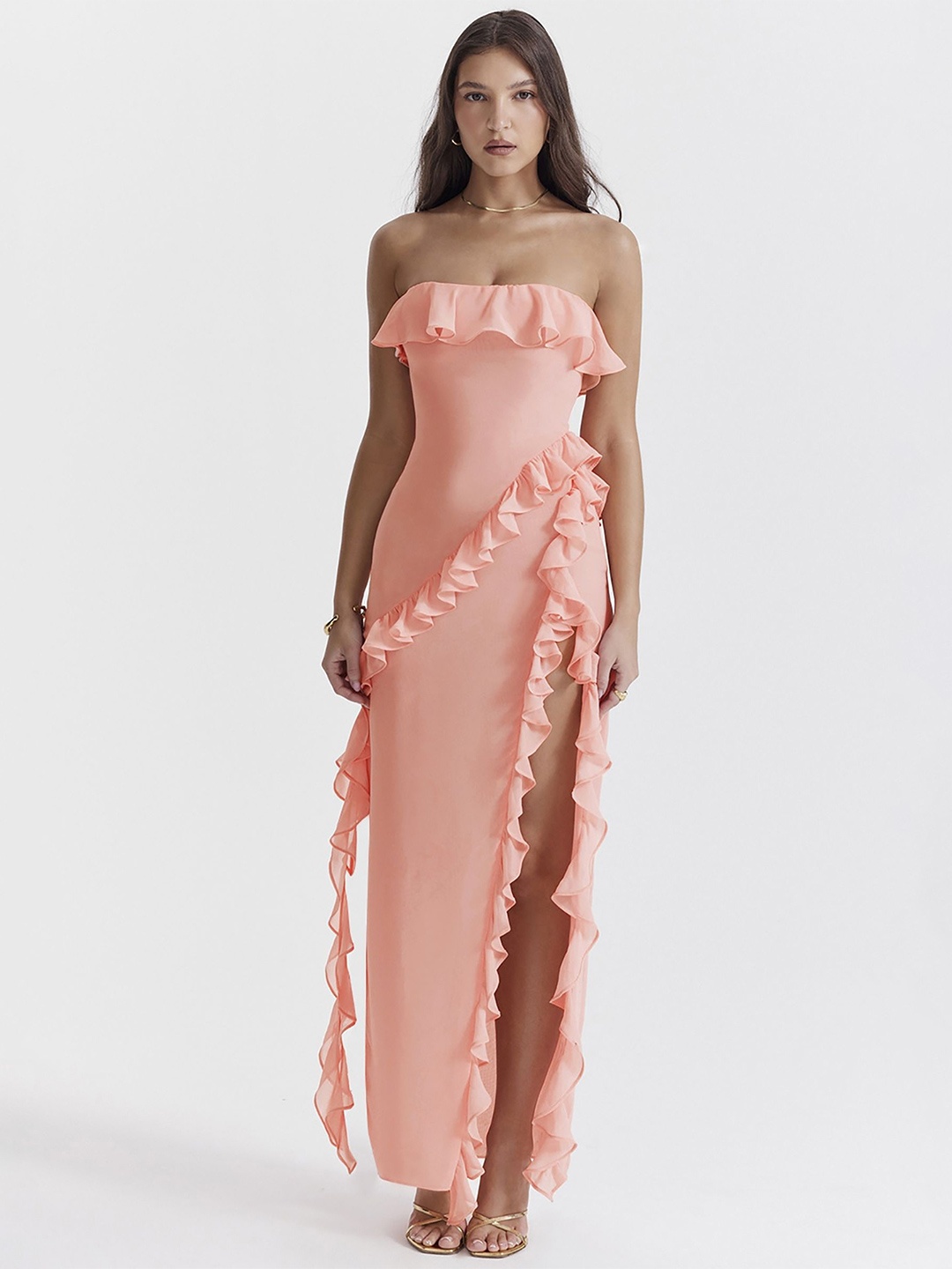 

StyleCast x Revolte Strapless Ruffled Maxi Dress, Peach