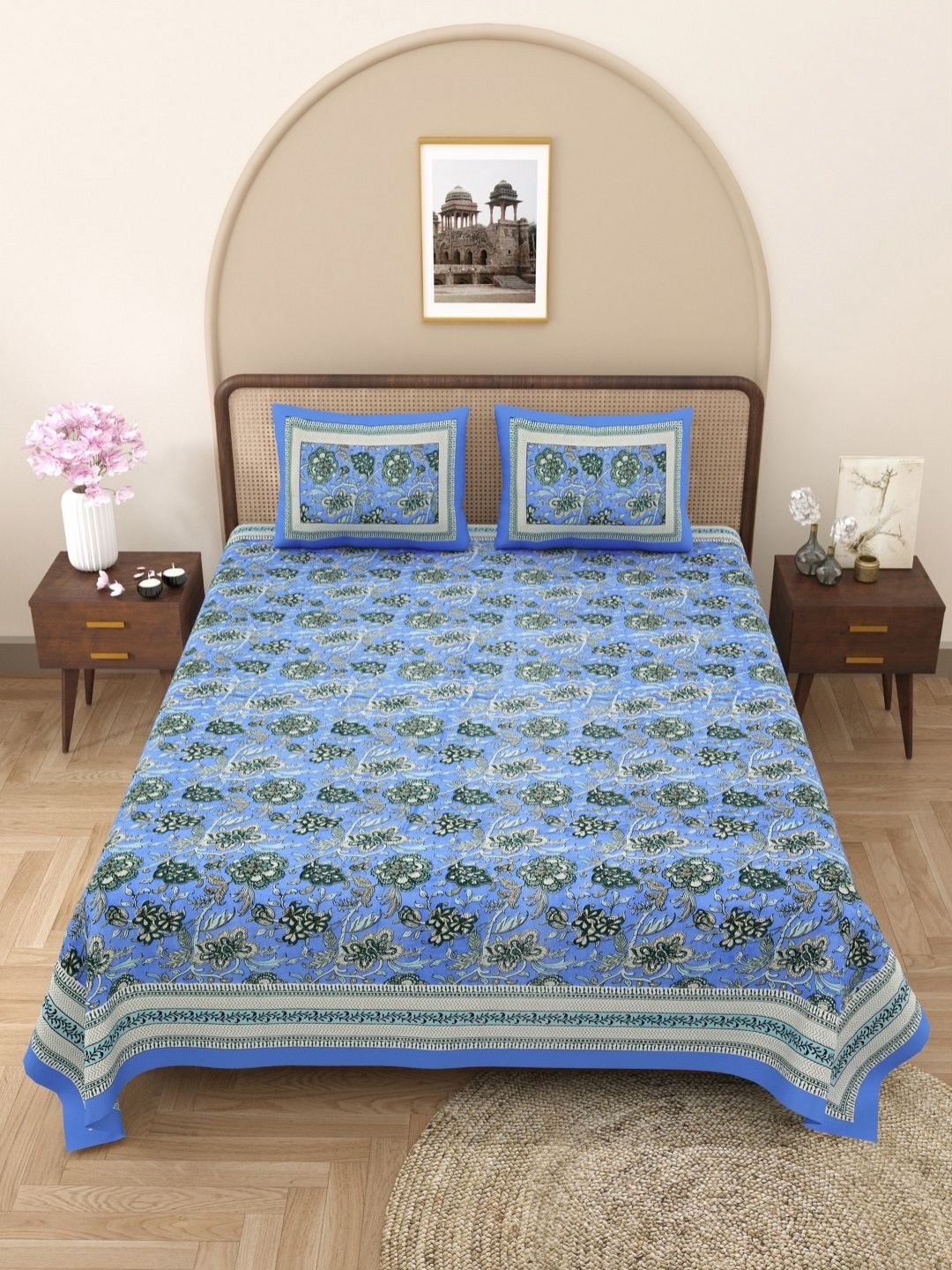 

PATRICKO Blue & Green Floral 330 TC King Bedsheet with 2 Pillow Covers