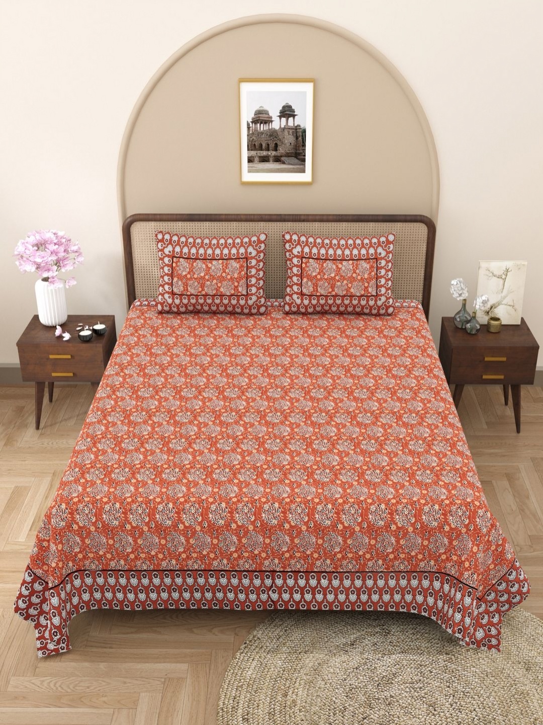 

PATRICKO Orange & Brown Floral 330 TC King Bedsheet with 2 Pillow Covers