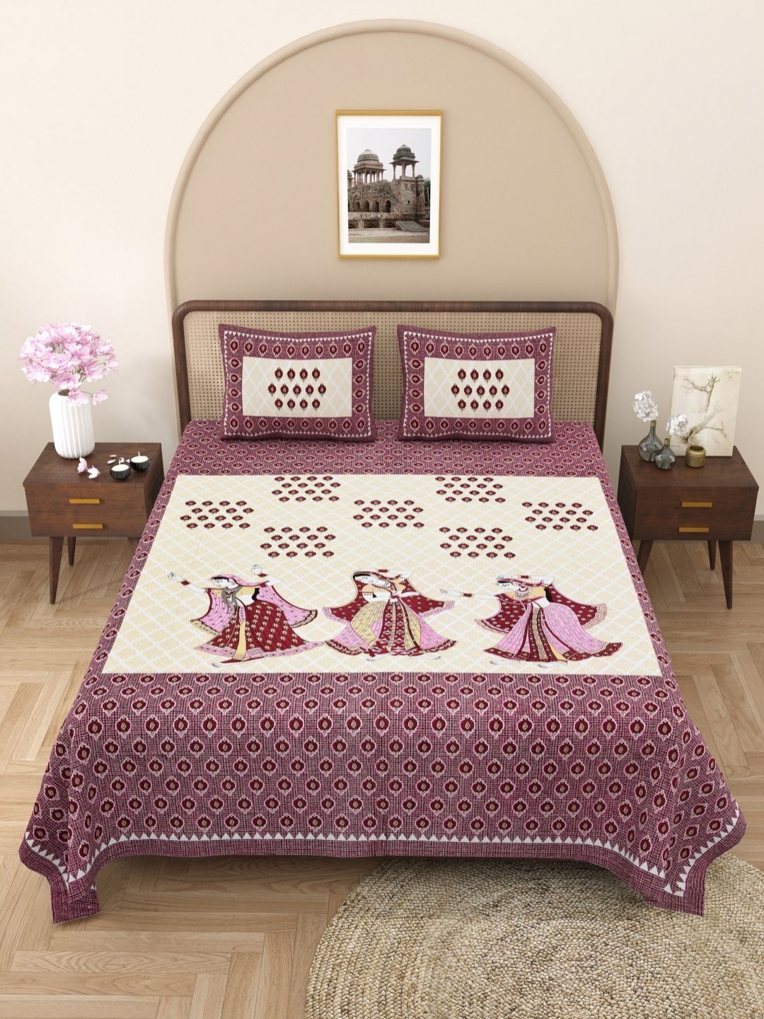 

PATRICKO Maroon & White Ethnic Motifs 330 TC King Bedsheet with 2 Pillow Covers