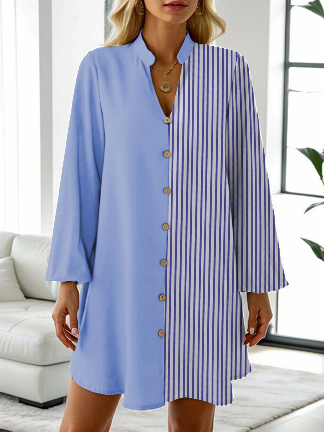 

StyleCast x Revolte Women Mandarin Collar Striped Shirt Dress, Blue