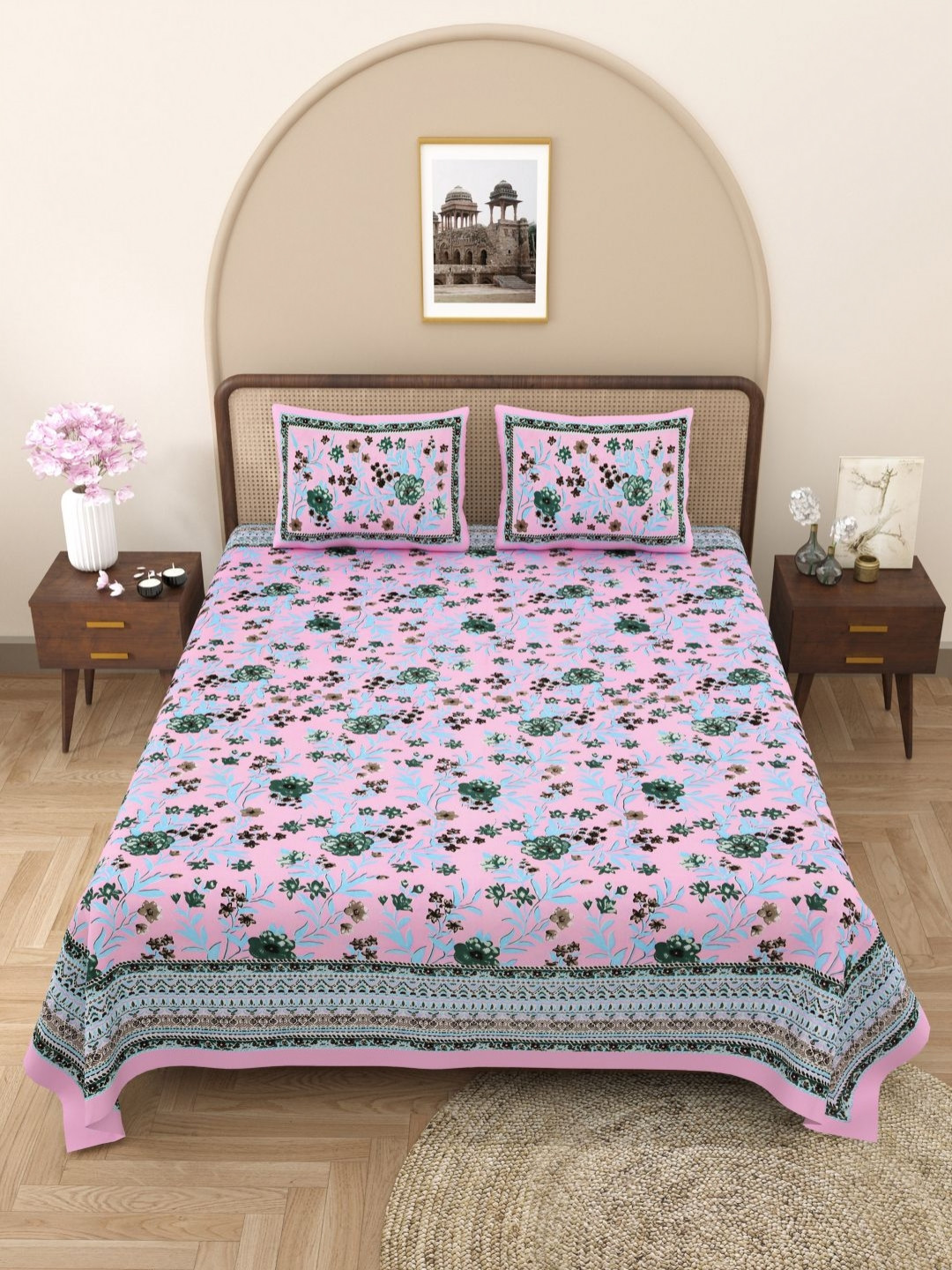

PATRICKO Pink & Blue Floral 330 TC King Bedsheet with 2 Pillow Covers