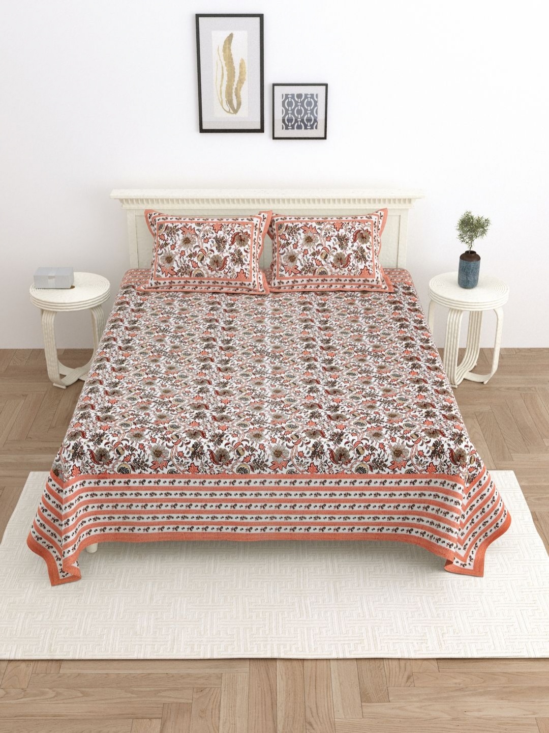 

PATRICKO Orange & Brown Floral 330 TC King Bedsheet with 2 Pillow Covers