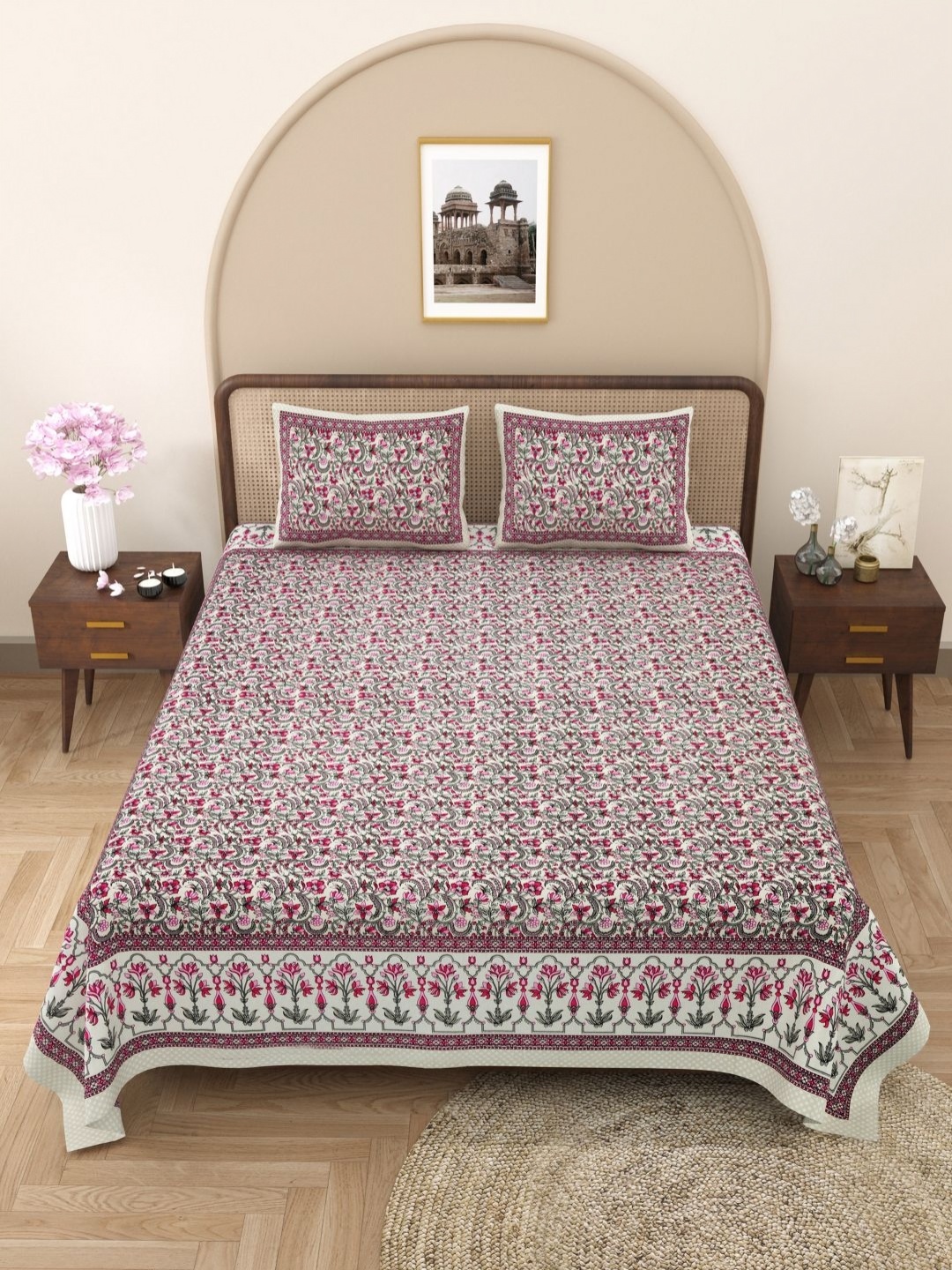 

PATRICKO Pink & Grey Floral 330 TC King Bedsheet with 2 Pillow Covers