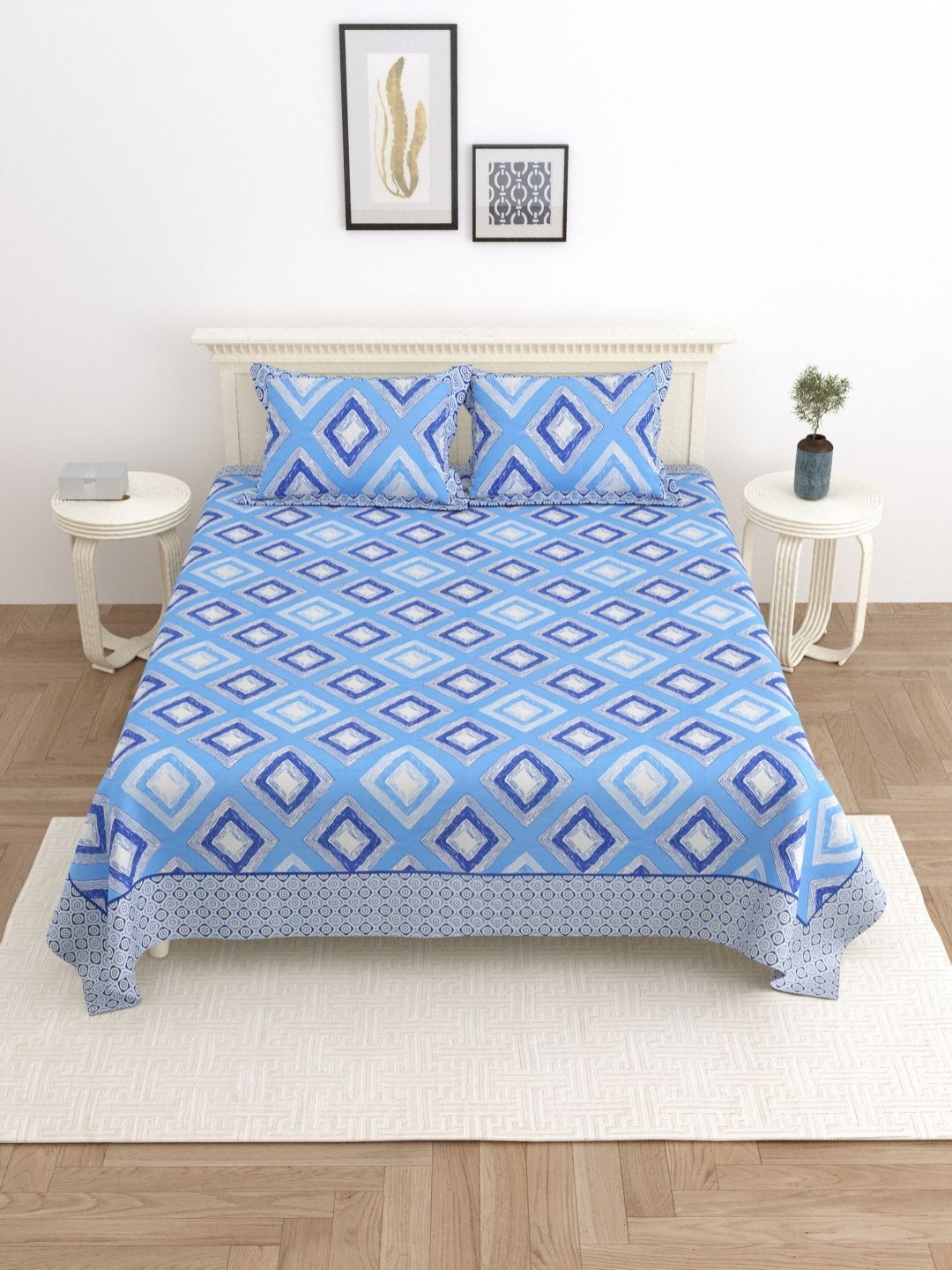 

PATRICKO Blue & White Geometric 330 TC King Bedsheet with 2 Pillow Covers