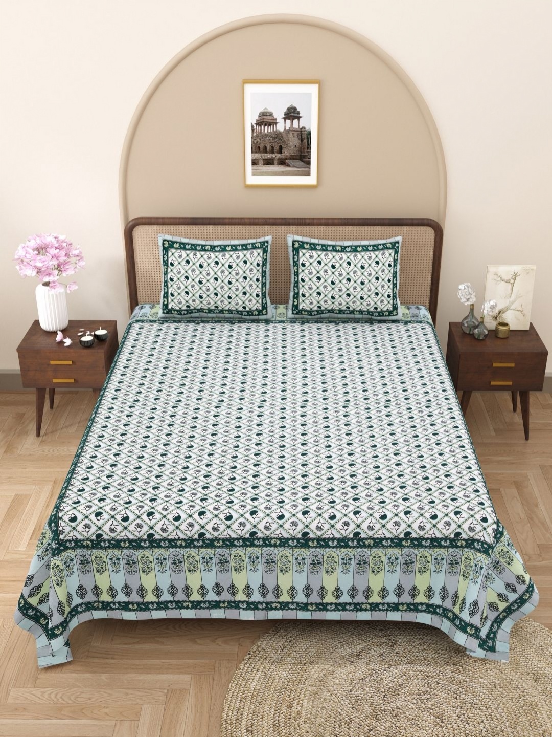 

PATRICKO Green & White Floral 330 TC King Bedsheet with 2 Pillow Covers