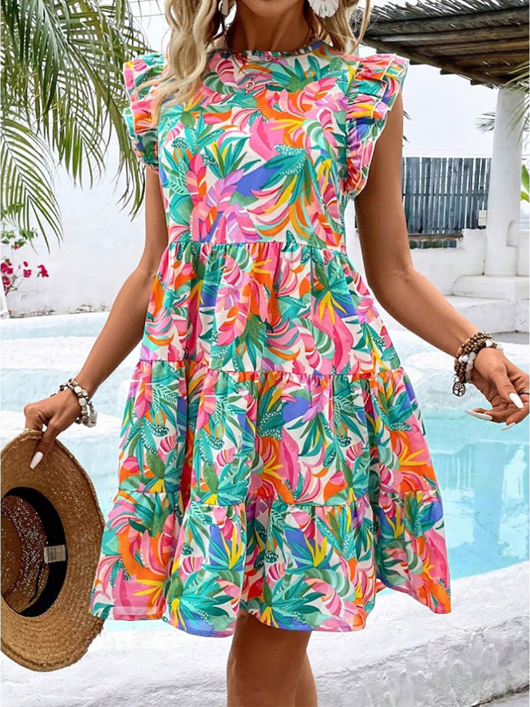 

StyleCast x Revolte Women Tropical Printed Fit and Flare Above Knee Dress, Pink
