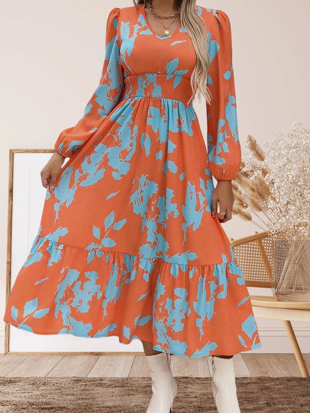 

StyleCast x Revolte Women Abstract Printed Smocked Fit and Flare Dress, Orange