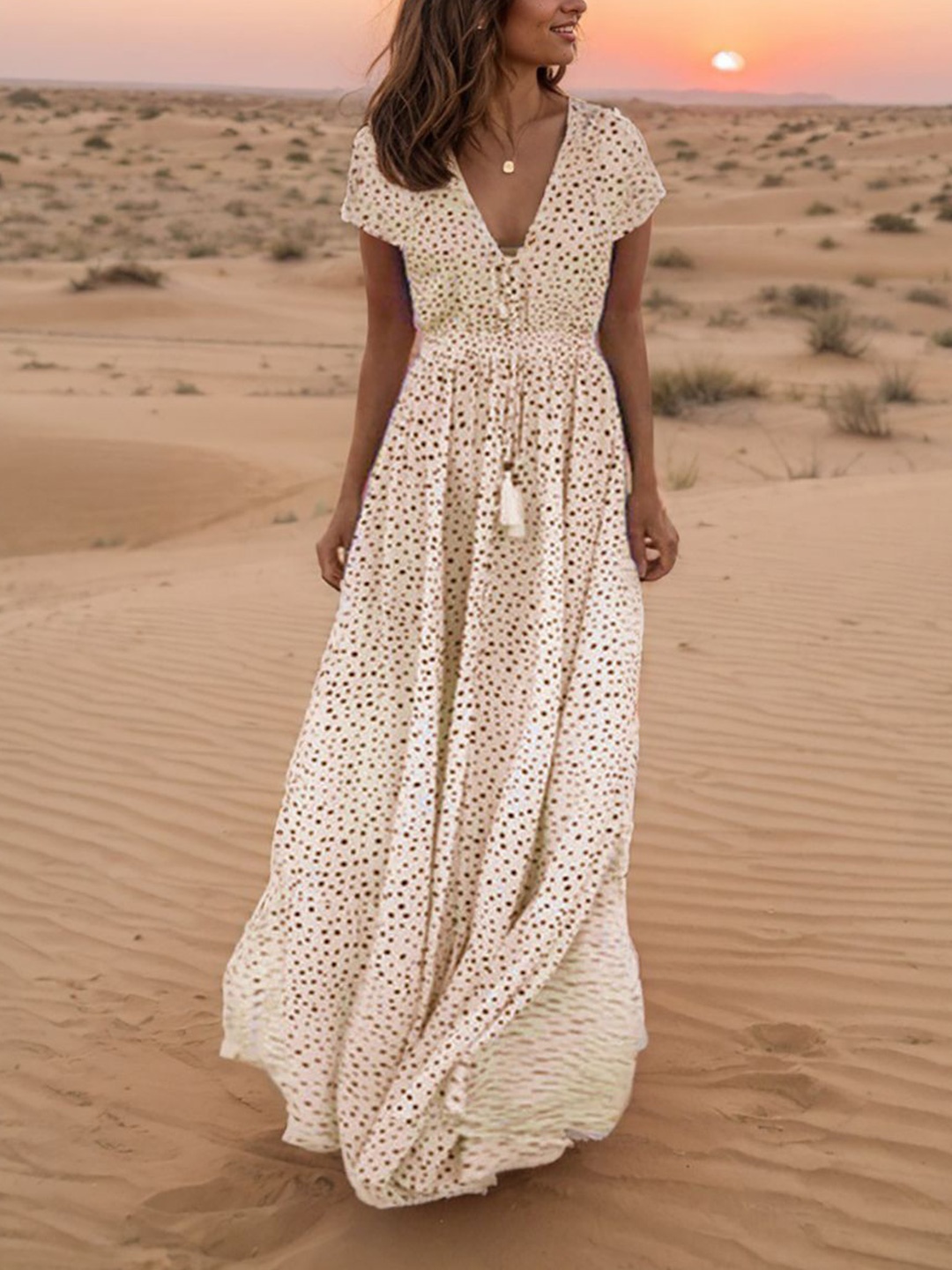 

StyleCast x Revolte Women Polka Dot Print Maxi Dress, Beige