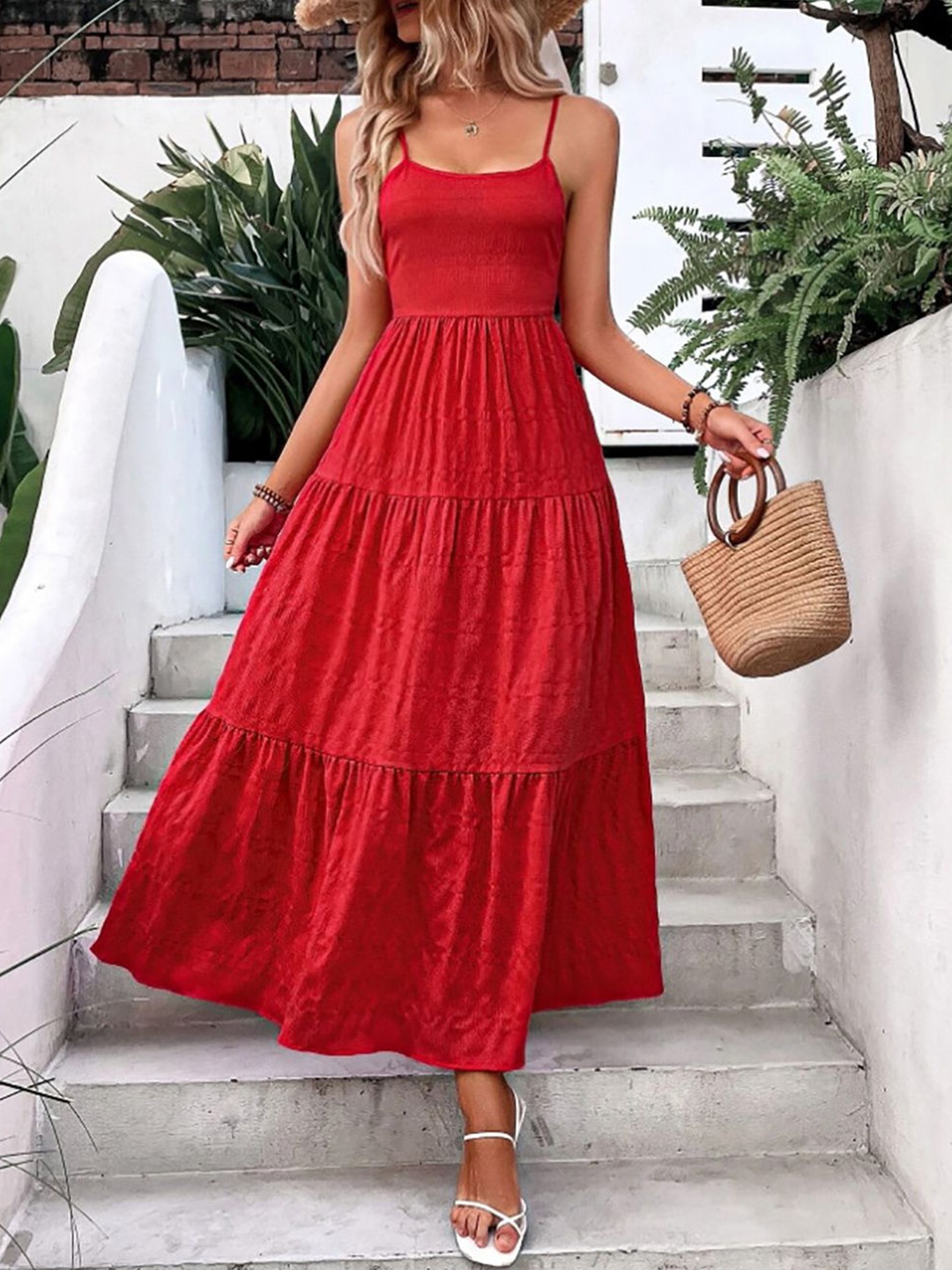 

StyleCast x Revolte Women Shoulder Straps Tiered Fit and Flare Maxi Dress, Red