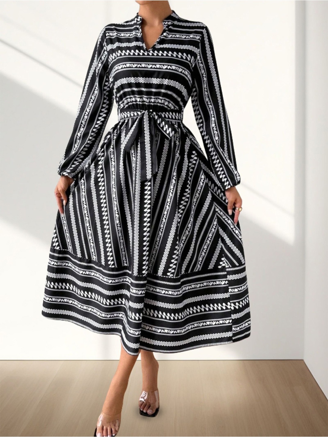 

StyleCast x Revolte Women Mandarin Collar Print Fit and Flare Midi Dress, Black