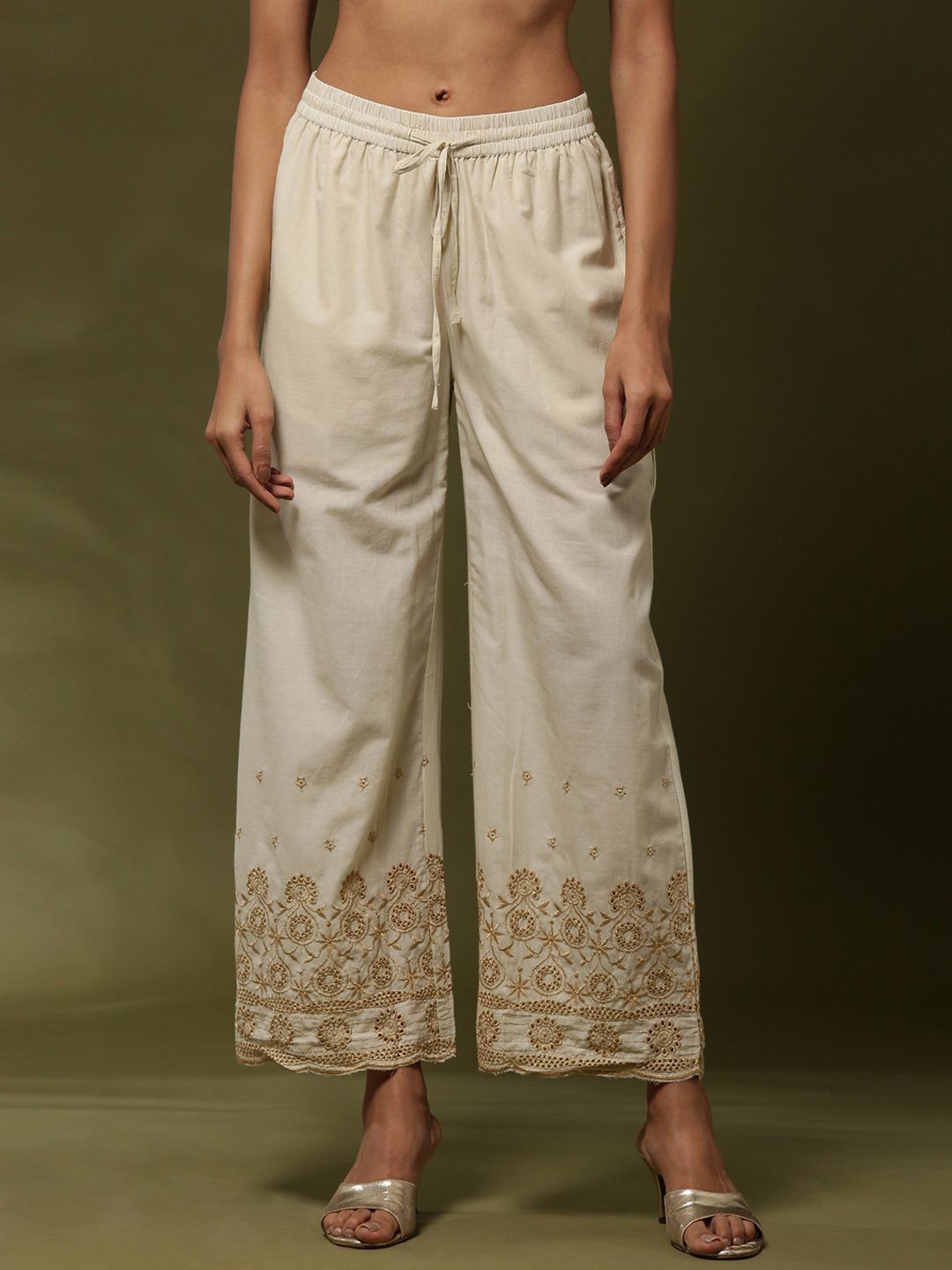 

Abhishti Women Flared Zari Schiffli Parallel Trousers, Off white