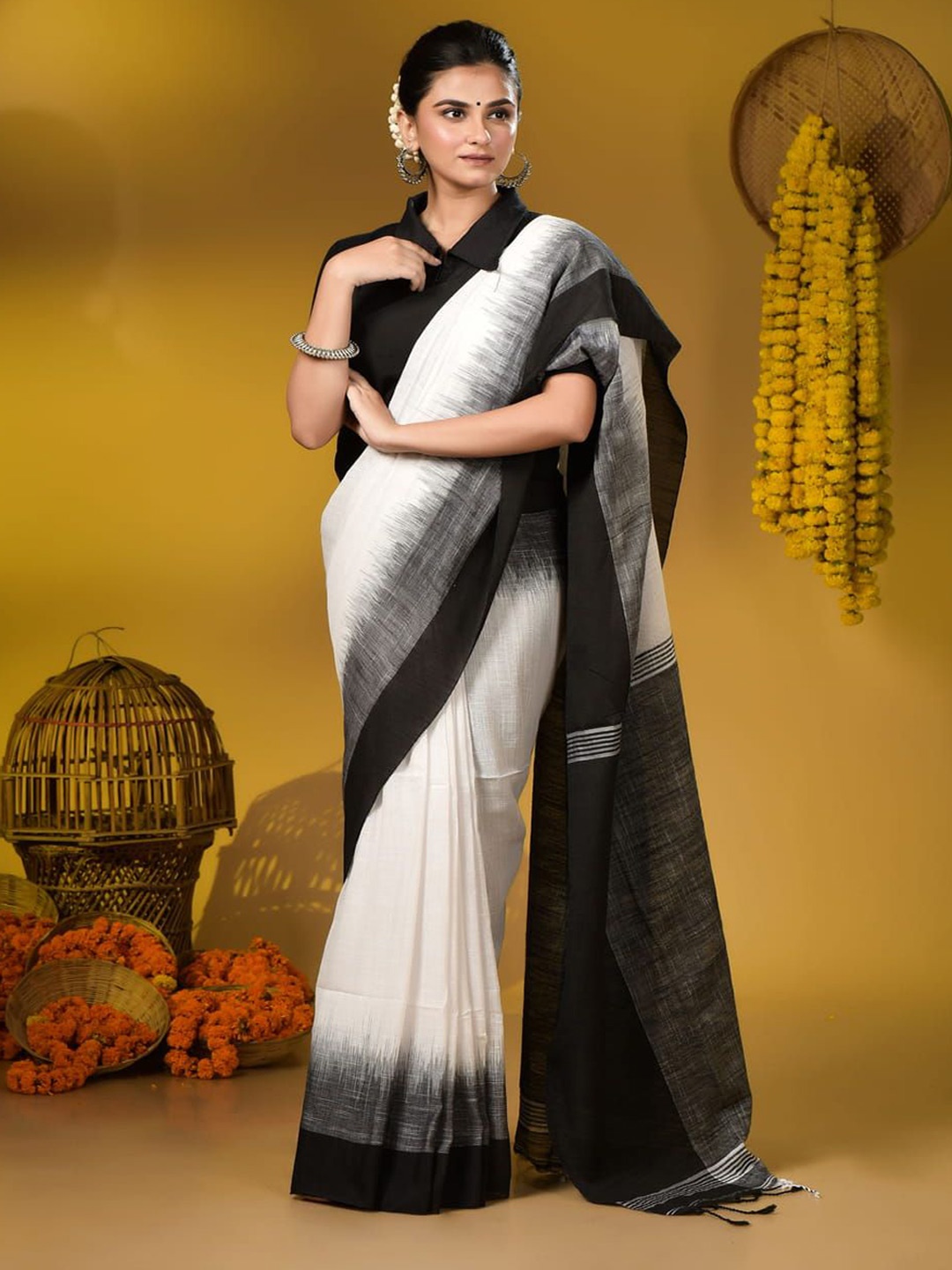 

T.J. SAREES Khaadi Cotton Ikkat Saree, White