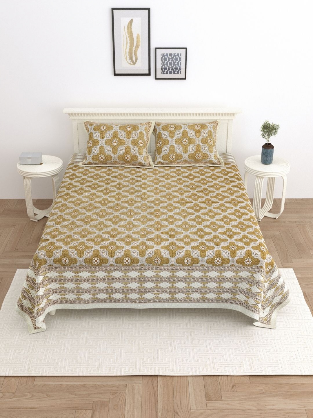

Wayne Martin Olive Green Floral 330 TC King Bedsheet with 2 Pillow Covers