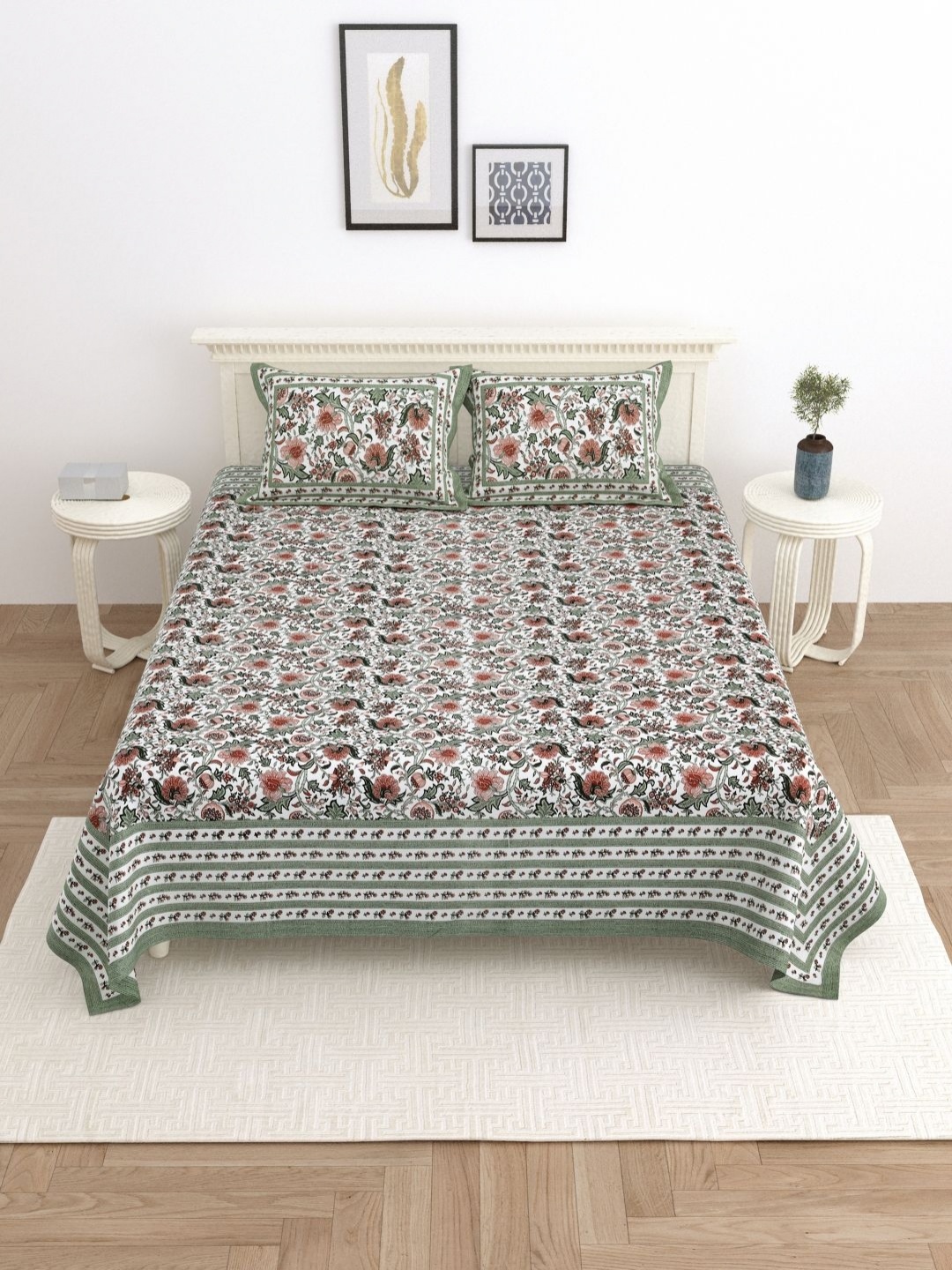 

Wayne Martin Green Floral 330 TC King Bedsheet with 2 Pillow Covers