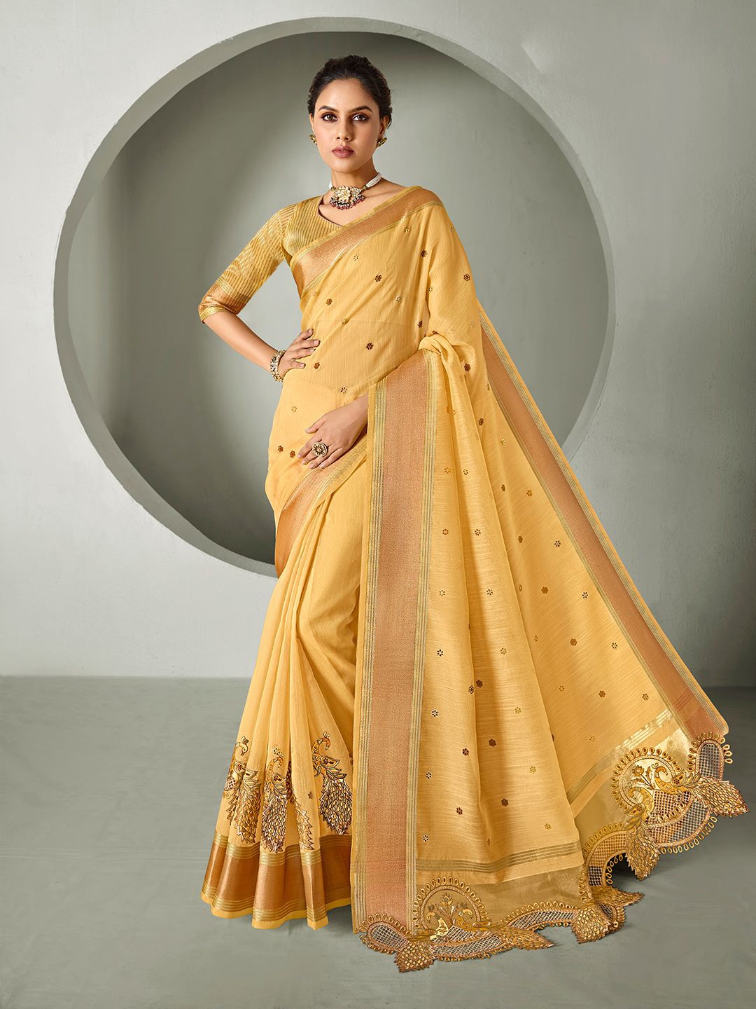 

ALAGINI Silk Zari Woven Embroidered Cut Work Saree, Yellow