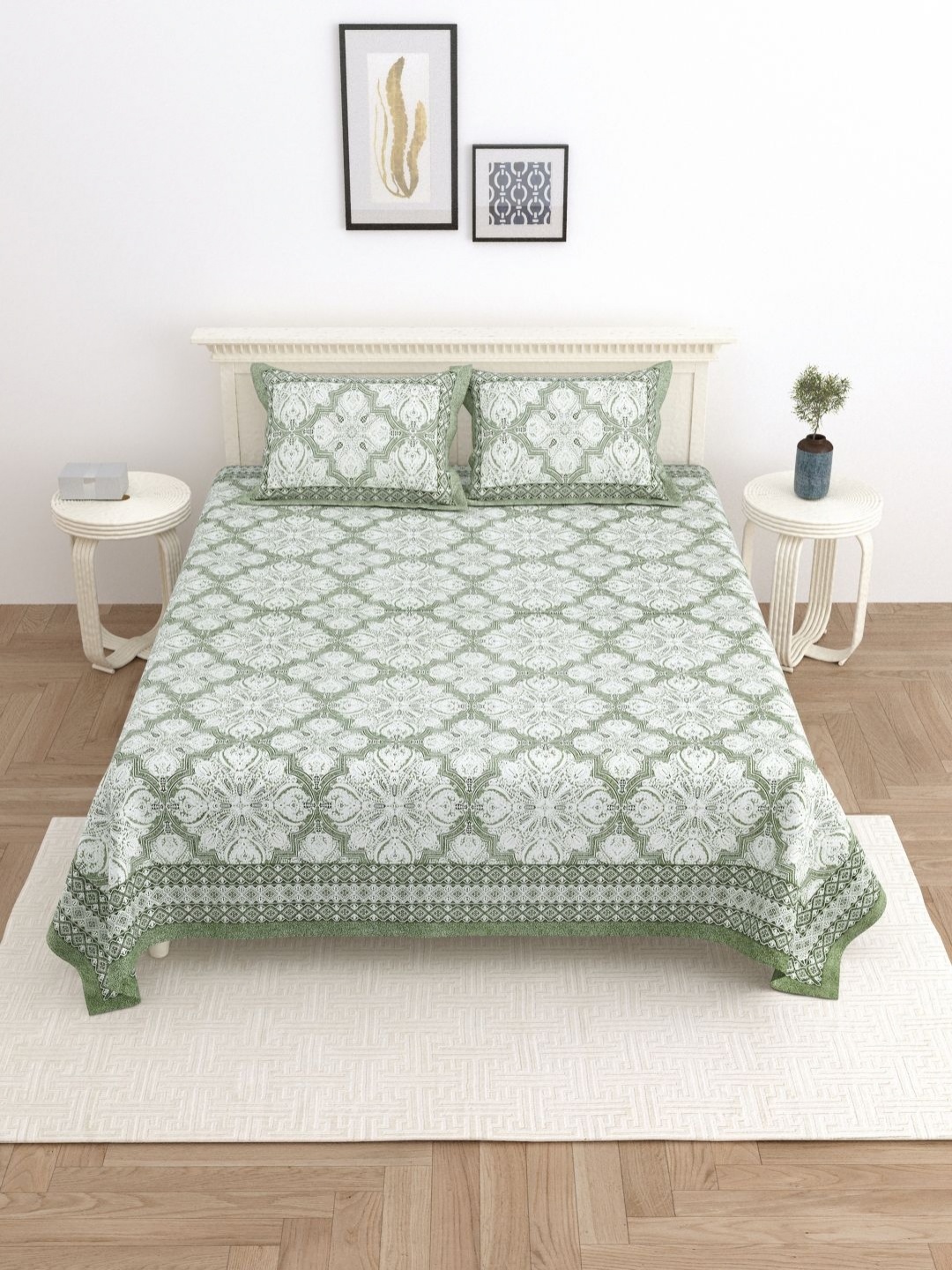 

Wayne Martin Olive Green Floral 330 TC King Bedsheet with 2 Pillow Covers