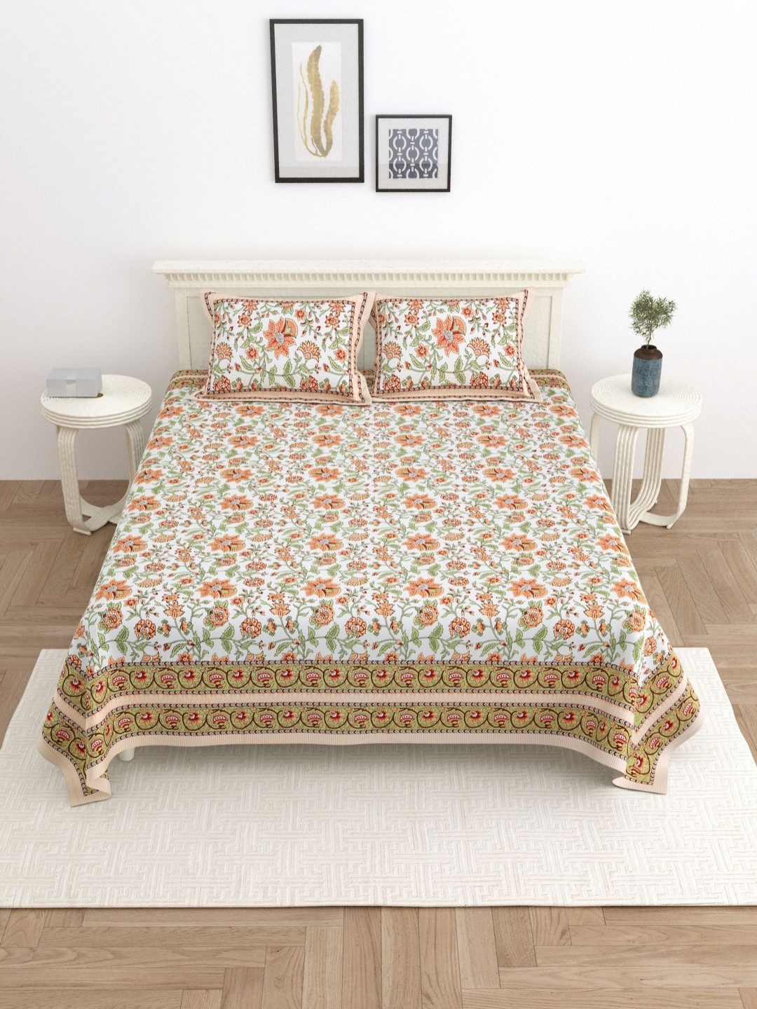

Wayne Martin Orange Floral 330 TC King Bedsheet with 2 Pillow Covers