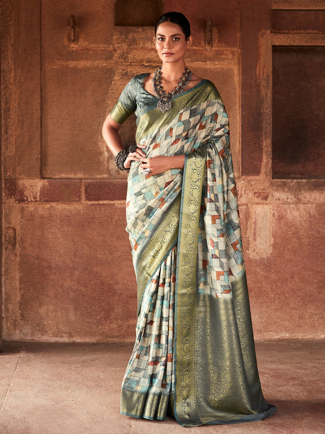 

Satrani Geometric Printed Pure Silk Saree, Multi