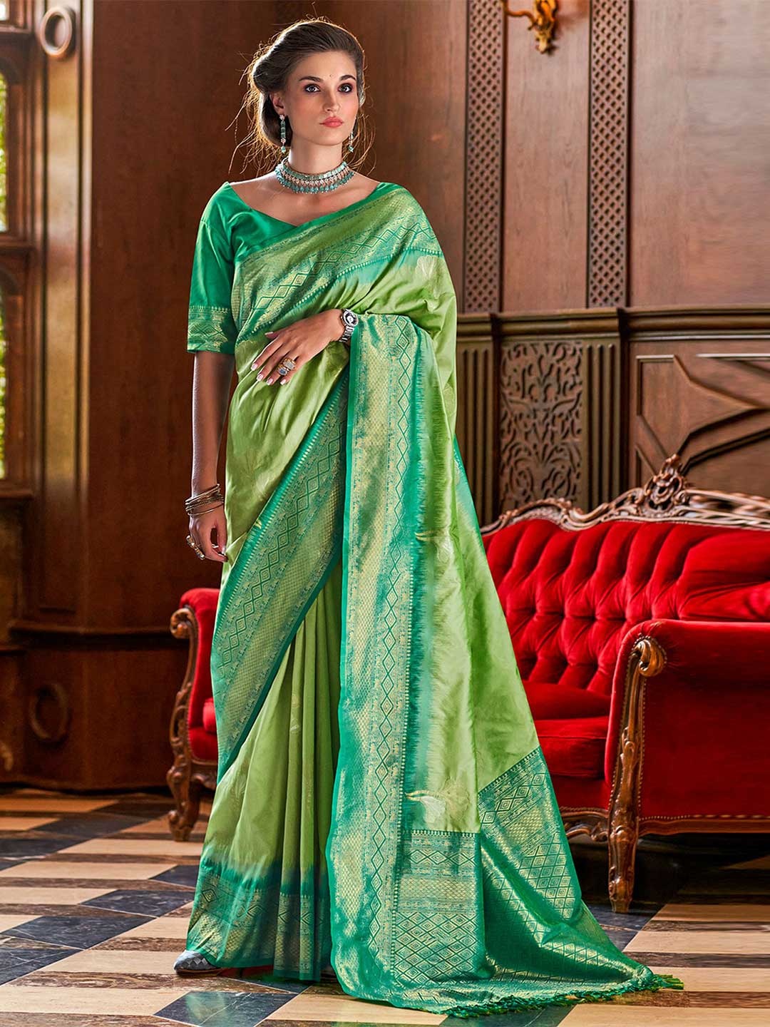 

Satrani Woven Design Pure Silk Saree, Green