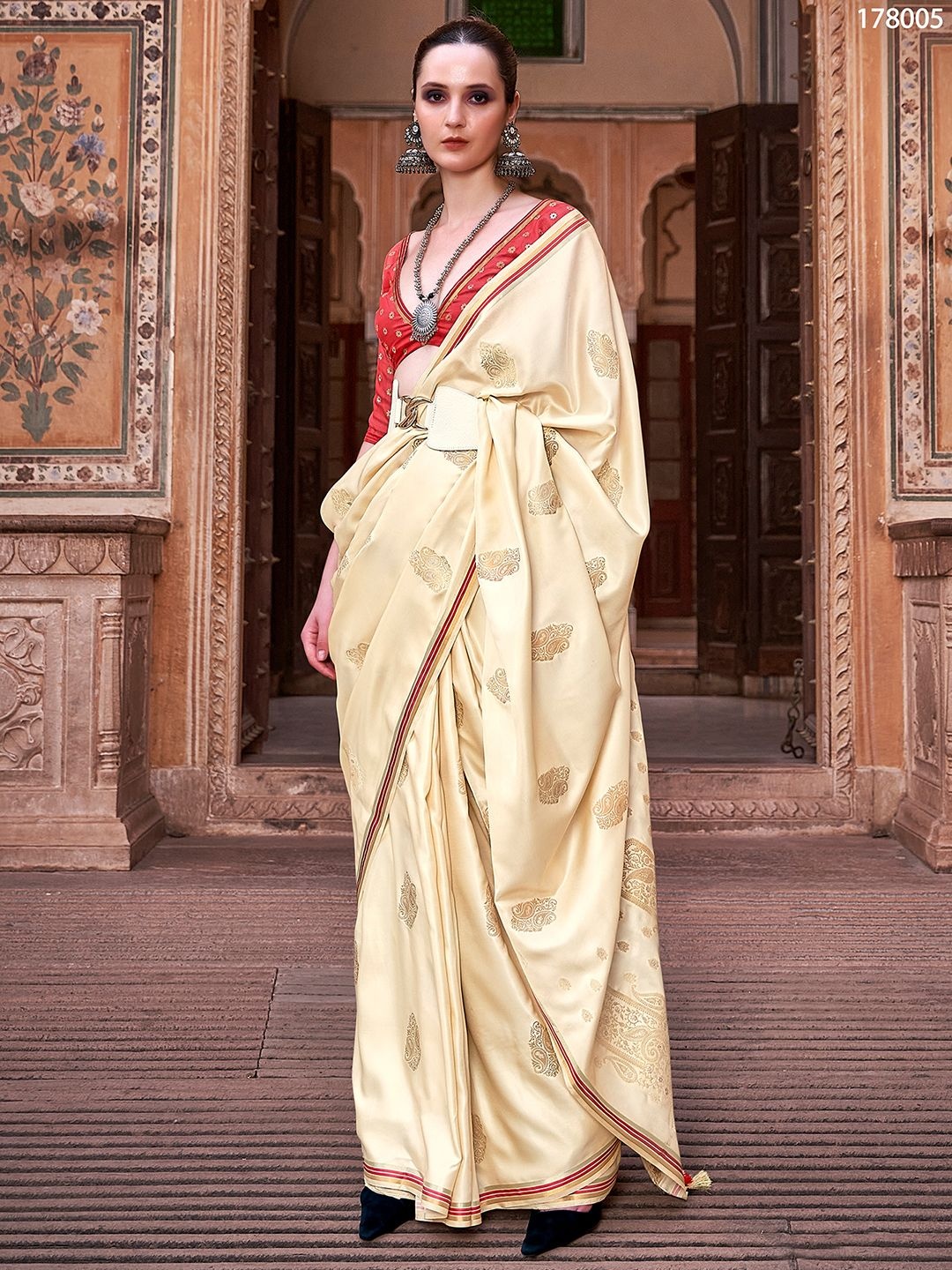 

Satrani Paisley Woven Design Pure Silk Banarasi Saree, Cream