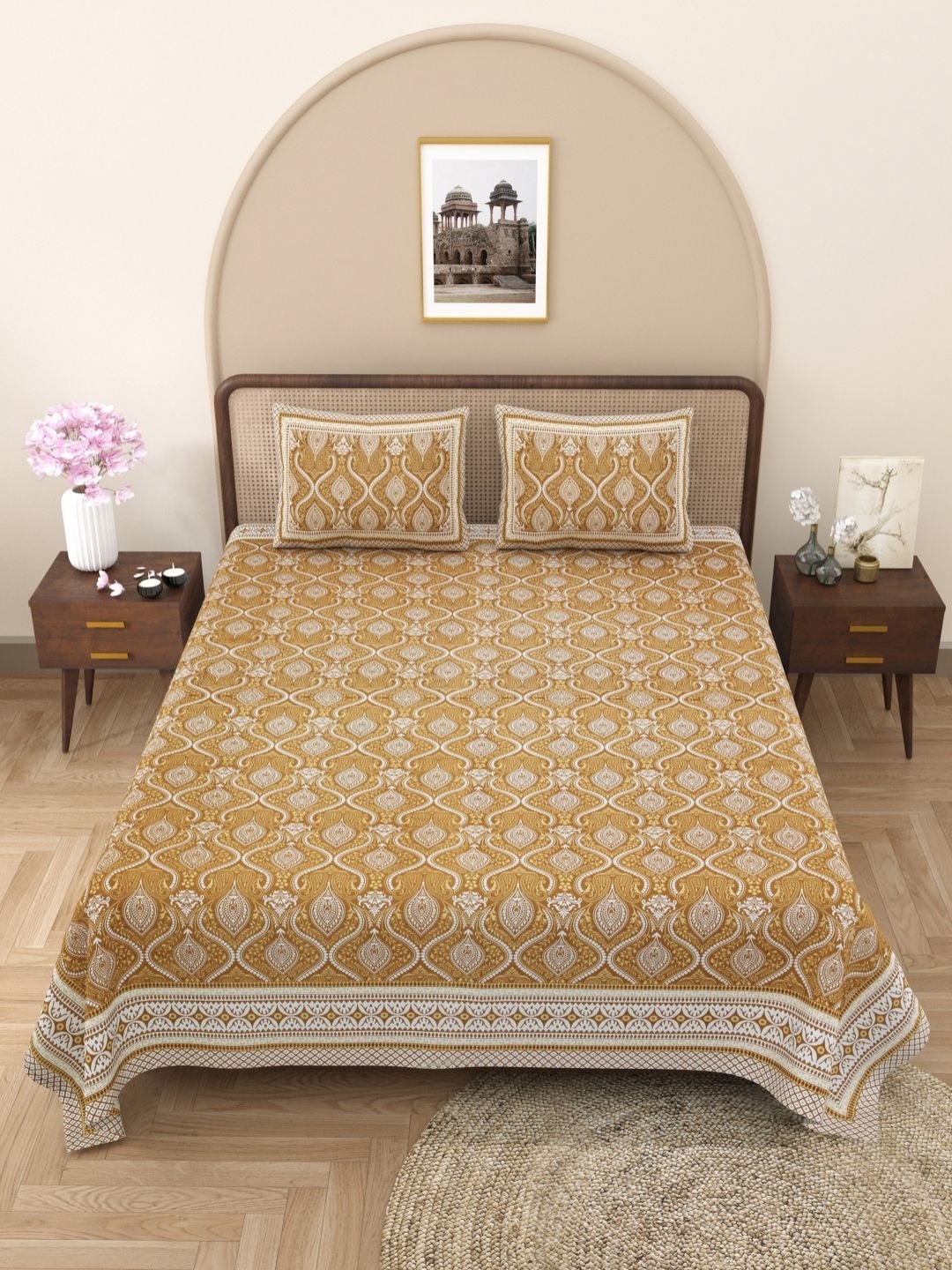 

Wayne Martin Mustard Floral 330 TC King Bedsheet with 2 Pillow Covers