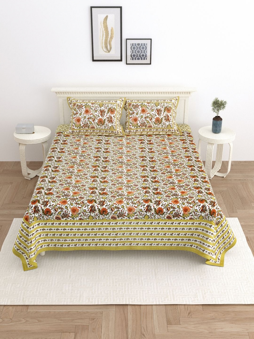 

Wayne Martin Olive Green Floral 330 TC King Bedsheet with 2 Pillow Covers
