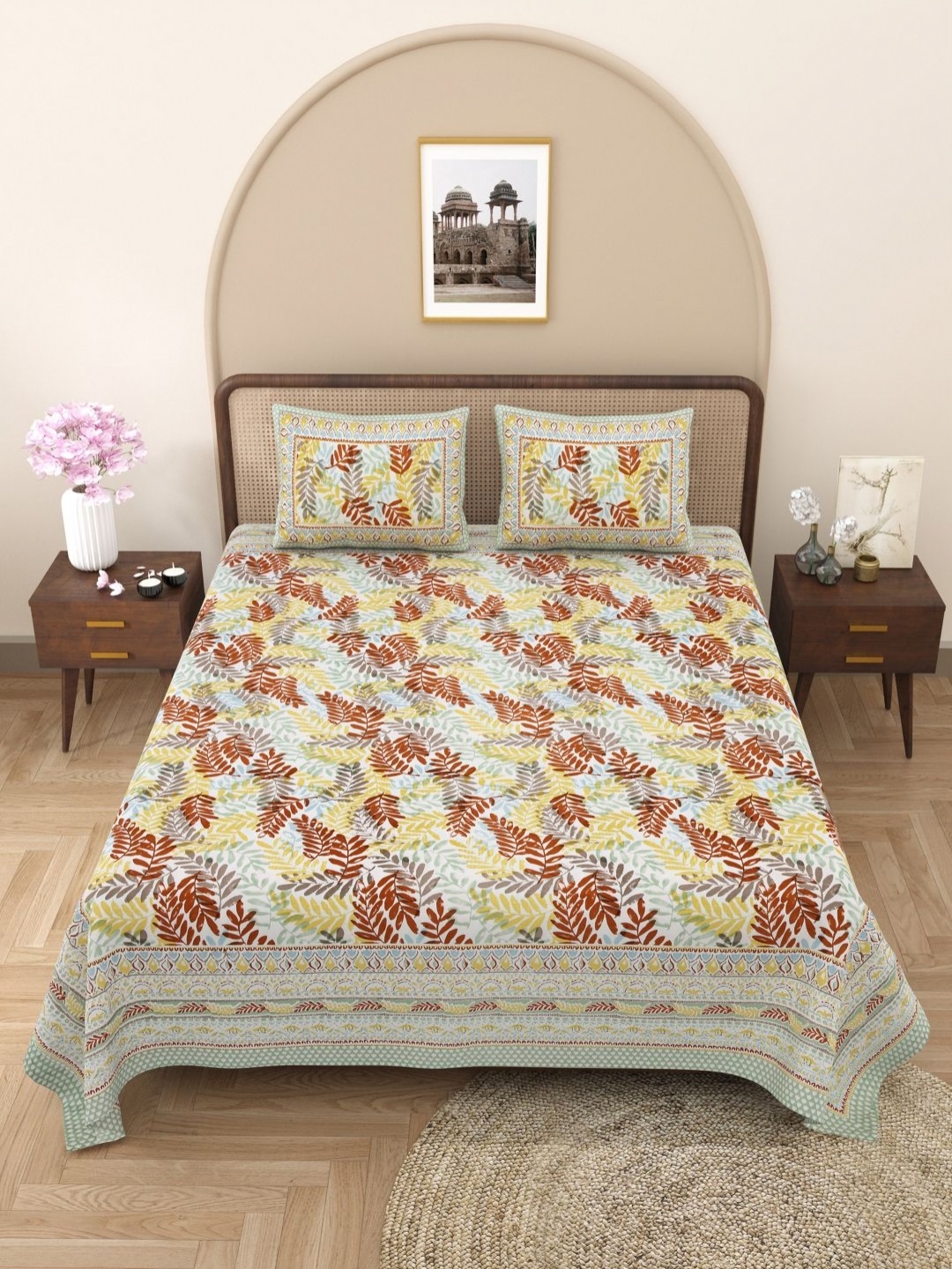 

Wayne Martin Olive Green Floral 330 TC King Bedsheet with 2 Pillow Covers