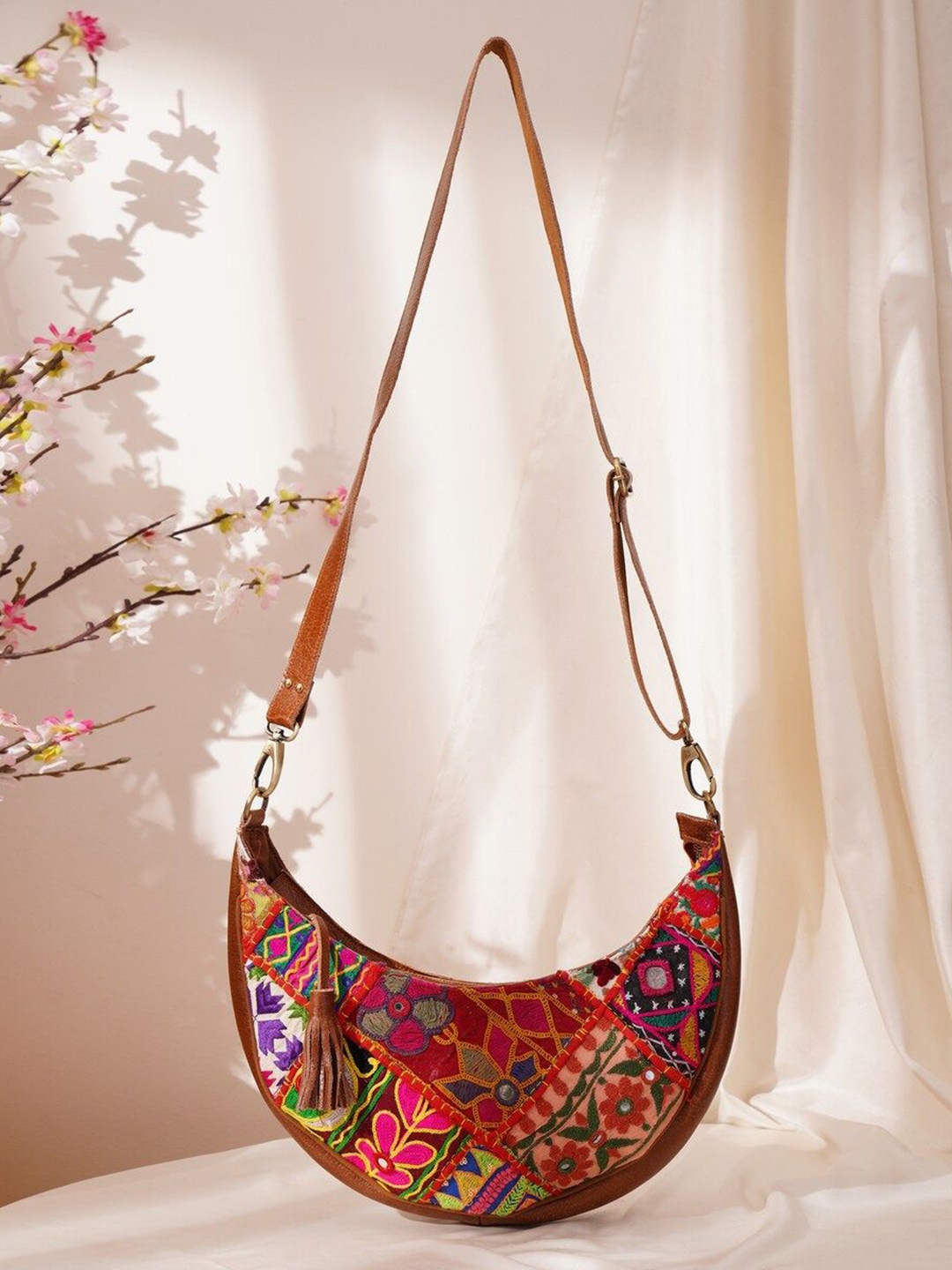 JAYPORE Women Floral Printed Crossbody Leather Sling Bag, Brown