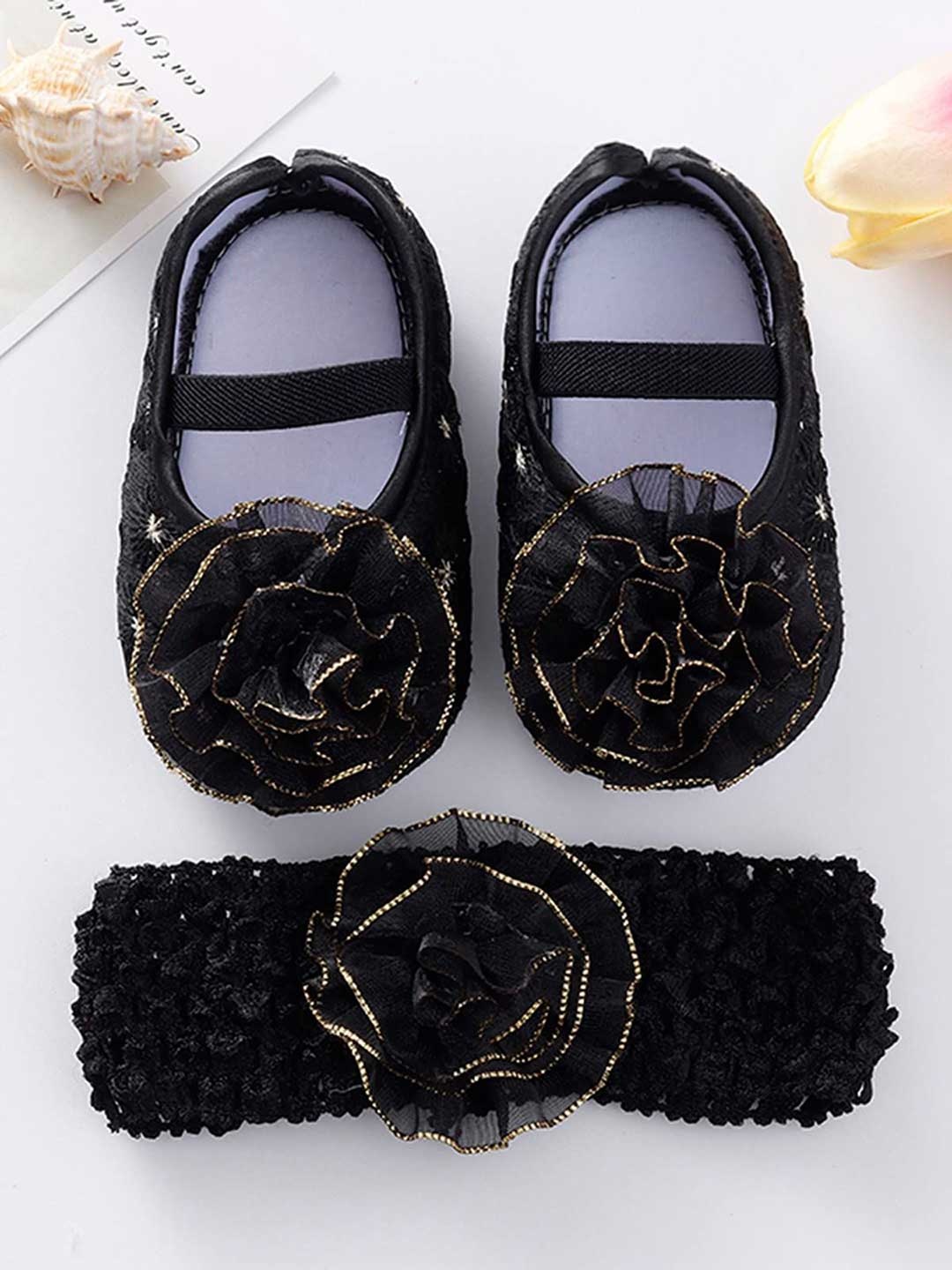

SYGA Infants Kids Floral Booties With Hairband, Black