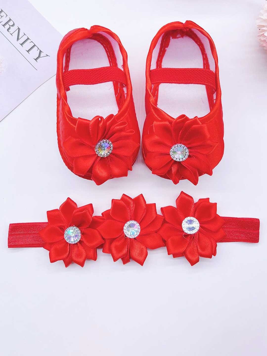 

SYGA Infant Girls Flower Embellished Booties & Hairband, Red