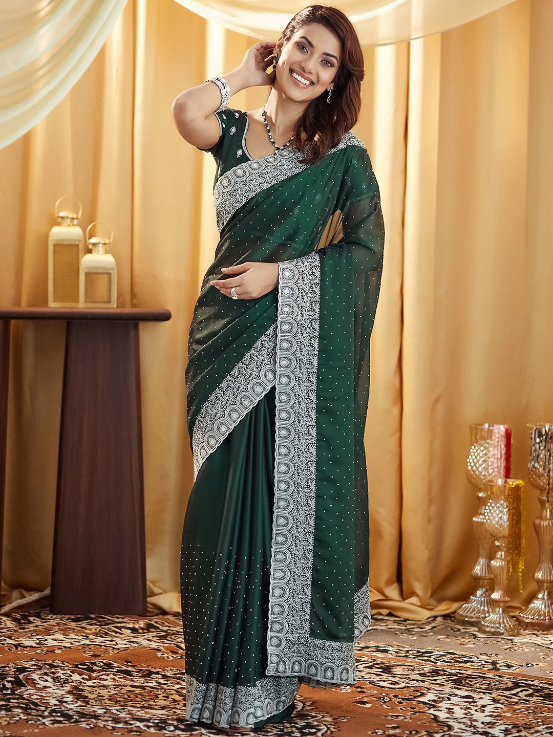 

Satrani Embellished Stone Work Pure Georgette Saree, Green