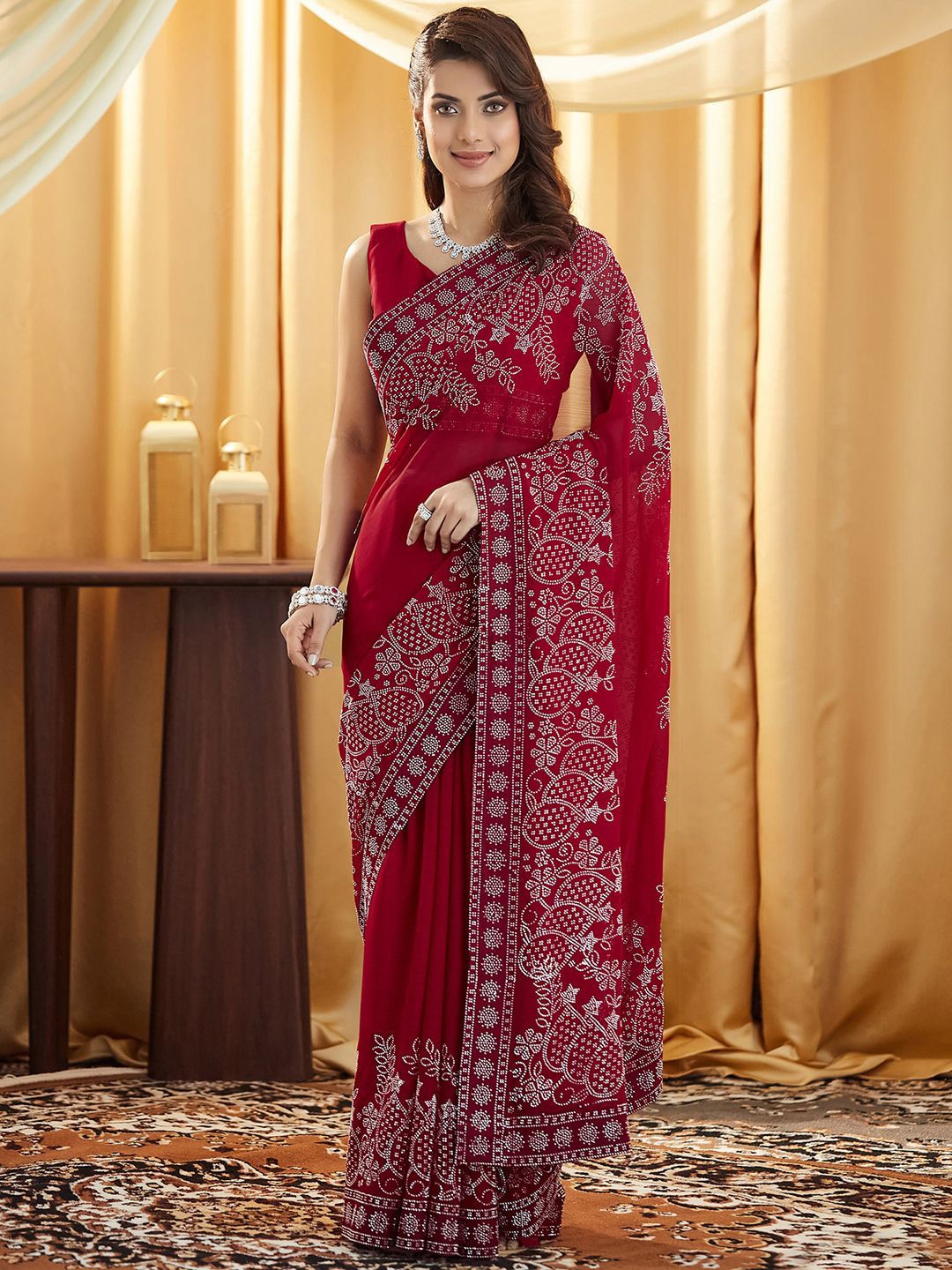 

Satrani Embellished Beads and Stones Pure Georgette Saree, Red