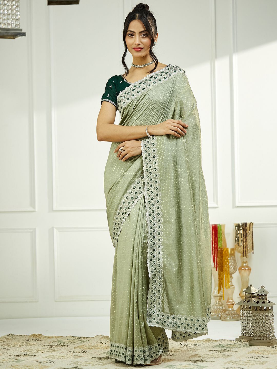 

Satrani Sequinned Embellished Saree, Green