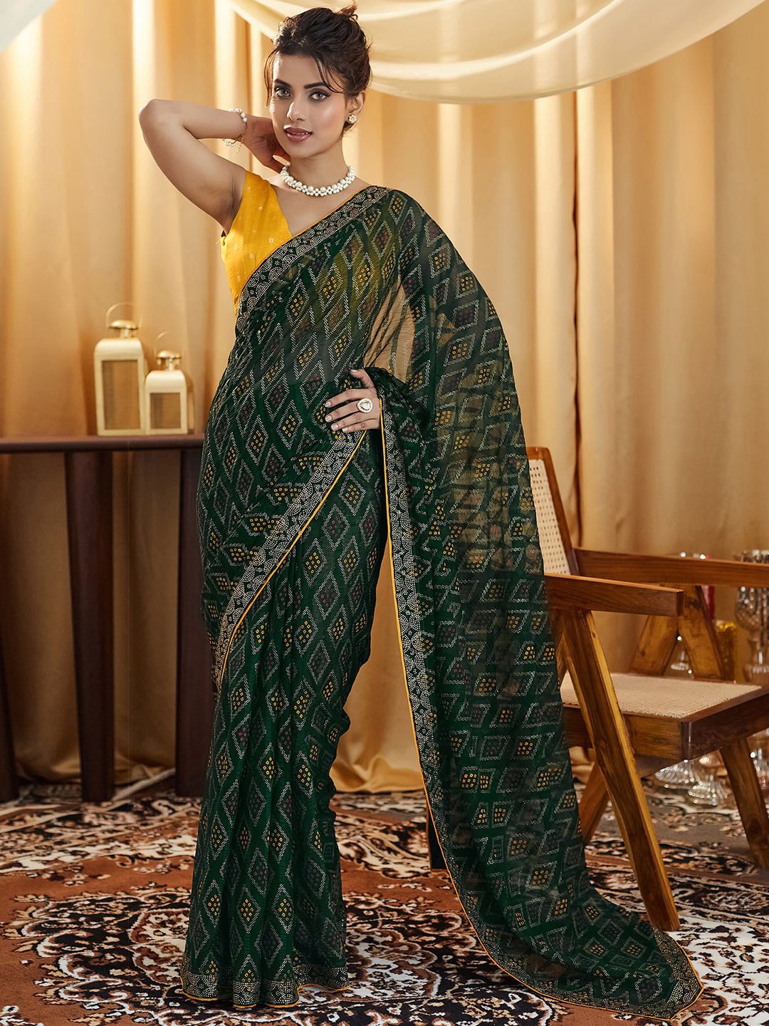 

Satrani Bandhani Pure Georgette Bandhani Saree, Green