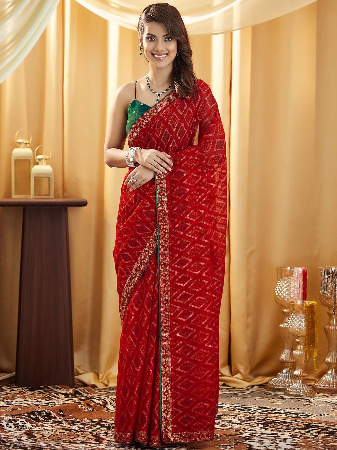 

Satrani Bandhani Pure Georgette Saree, Red