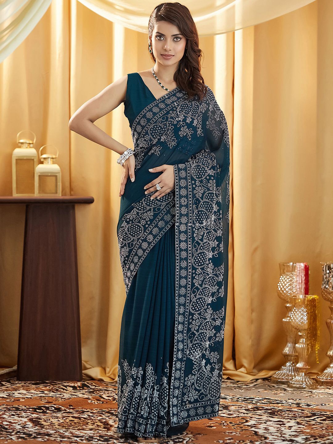 

Satrani Embellished Beads and Stones Pure Georgette Designer Saree, Teal