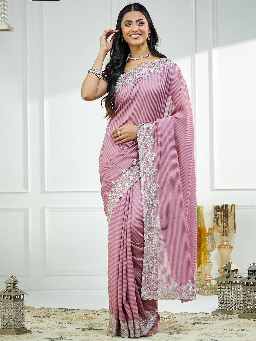 

Satrani Striped Embroidered Saree, Pink